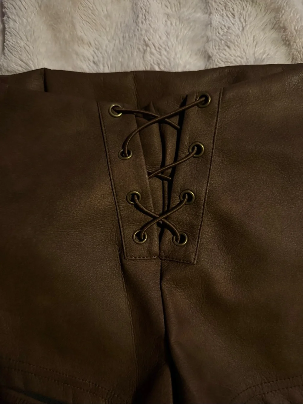 Lace-Up Faux Leather Brown Women's Micro Shorts